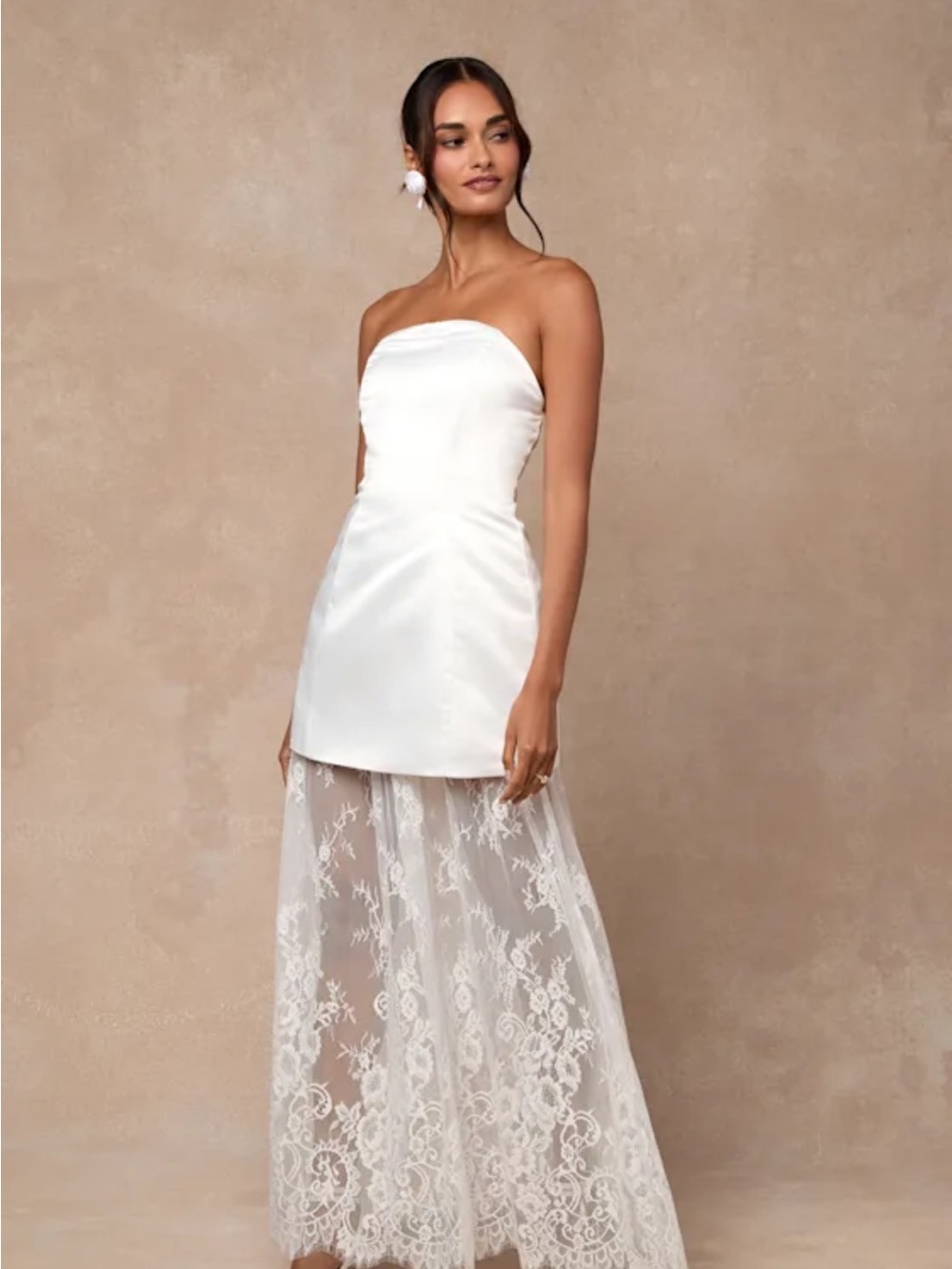 Lulu's Ivory Strapless Satin Mini Dress with Lace Overlay Skirt